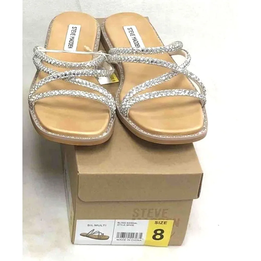 Steve Madden Spice Silver Multi Bling Slide Sandal Women's Size 8 DS